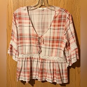 Maurices Pink Plaid Lace Trim Blouse